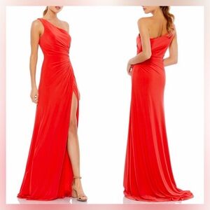 NWT Ieena MAC DUGGAL RED Ruched ONE SHOULDER Jersey EVENING Dress GOWN - 8